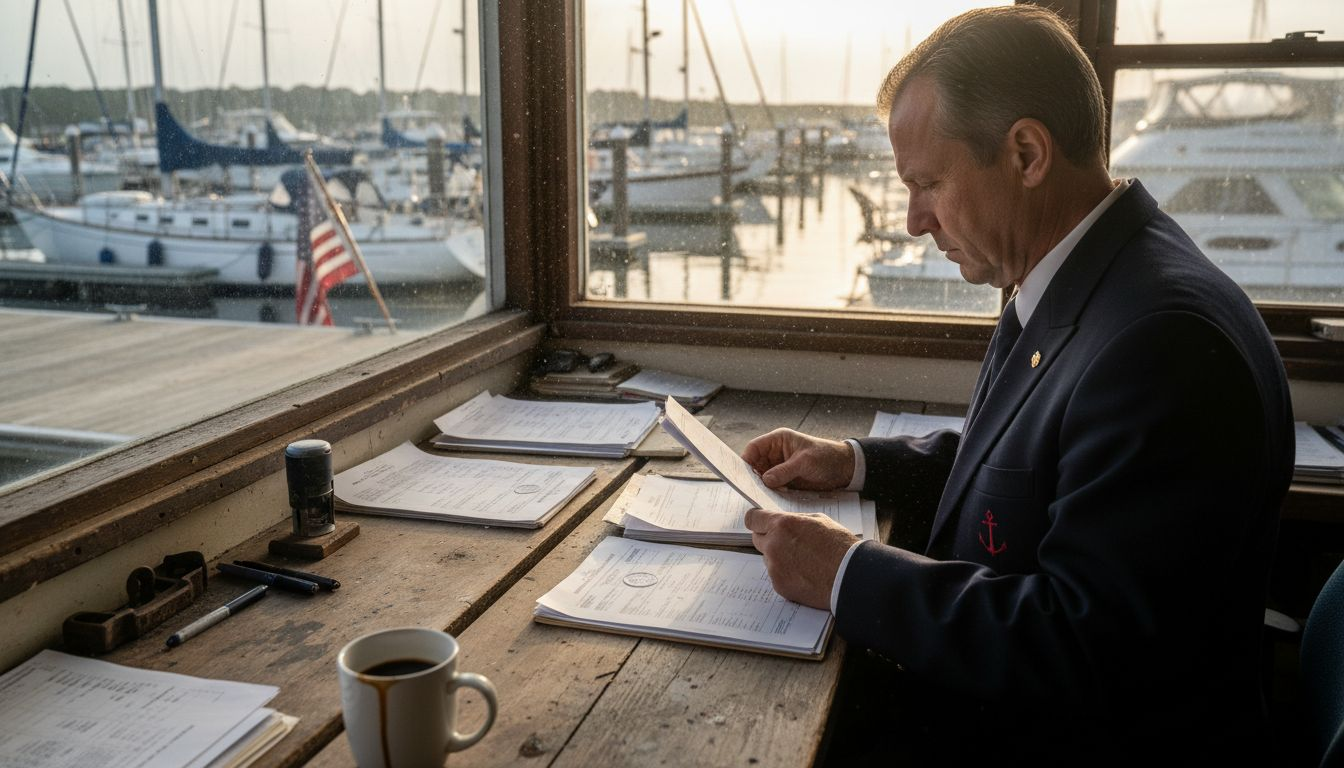 Clerk checking yacht registration forms