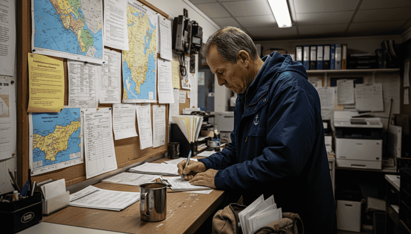 Boat owner filing paperwork at marina office