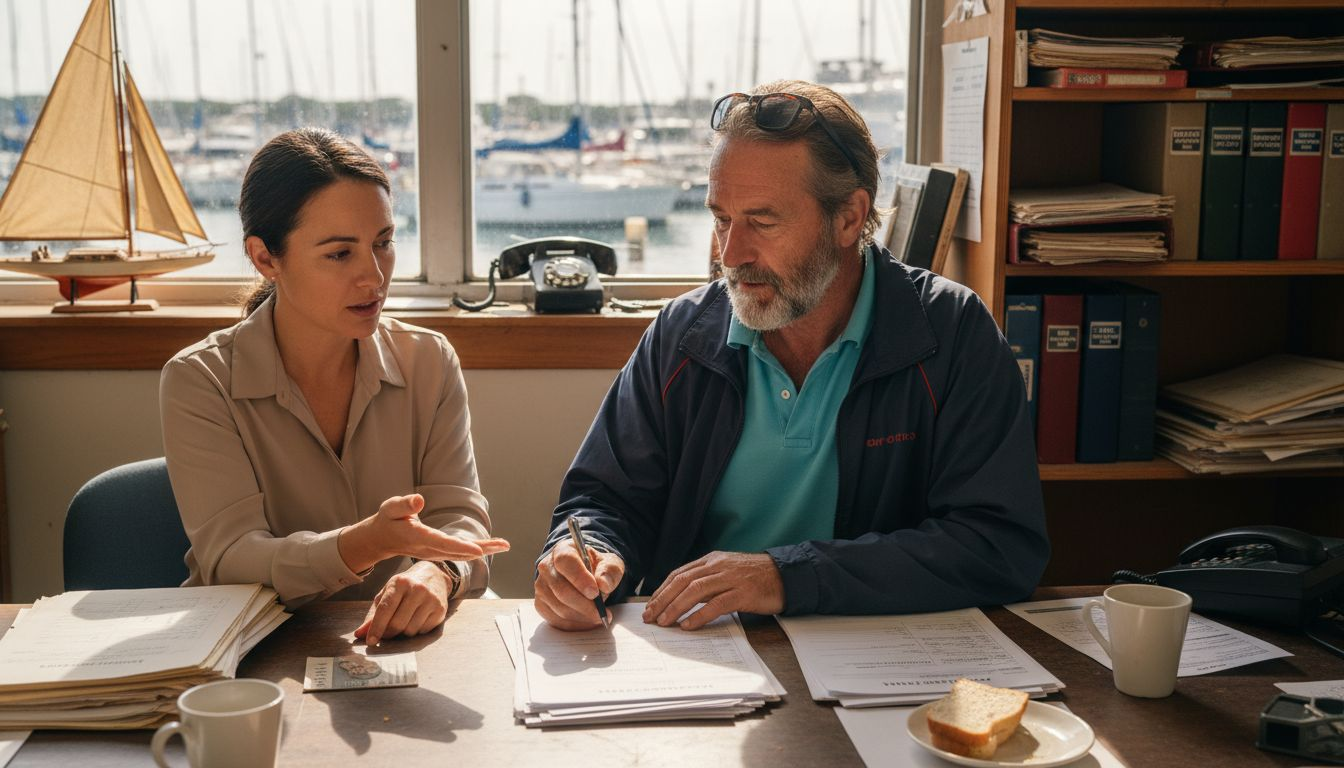 Yacht owner completing paperwork at marina office