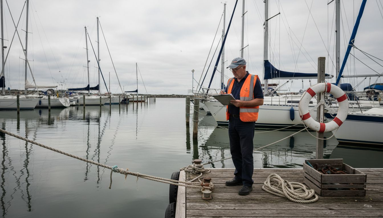 Marina official inspects sailboats for compliance