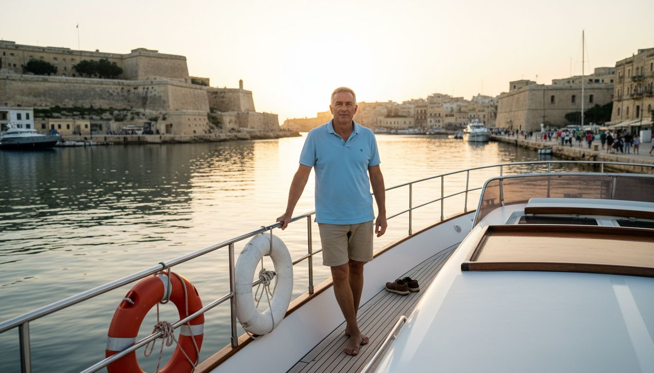 Yacht owner in Malta harbor at sunrise