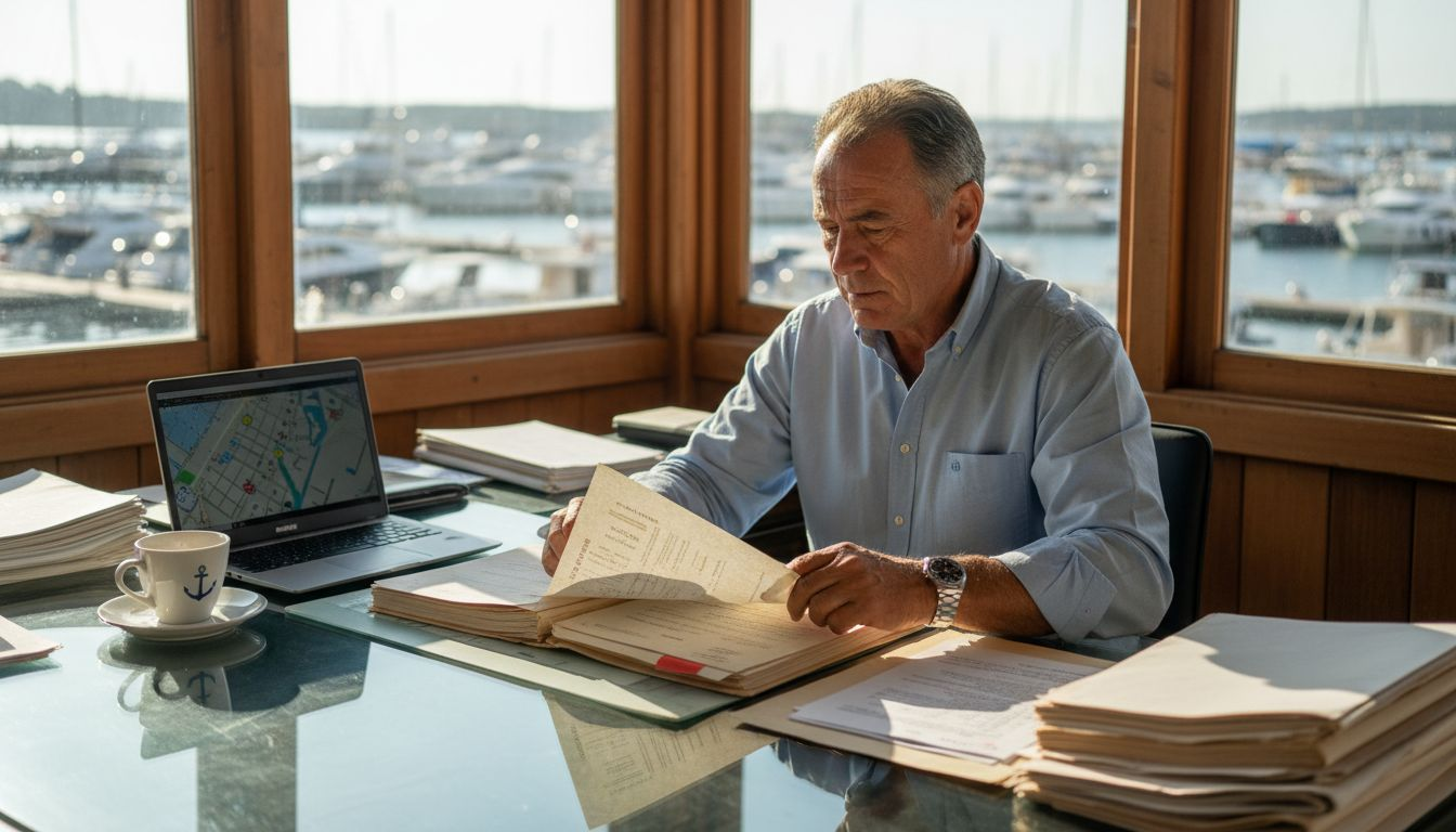 Yacht owner reviewing registration documents