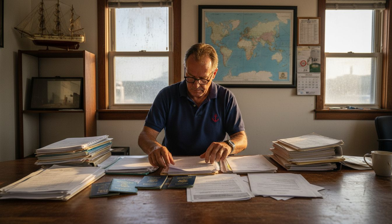 Yacht owner organizing registration paperwork in office
