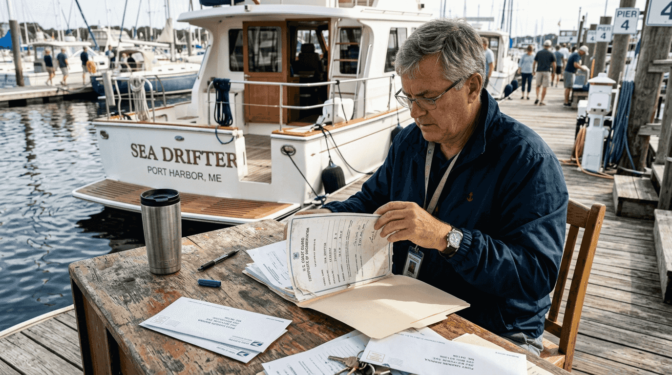 Official reviewing boat registration paperwork at marina