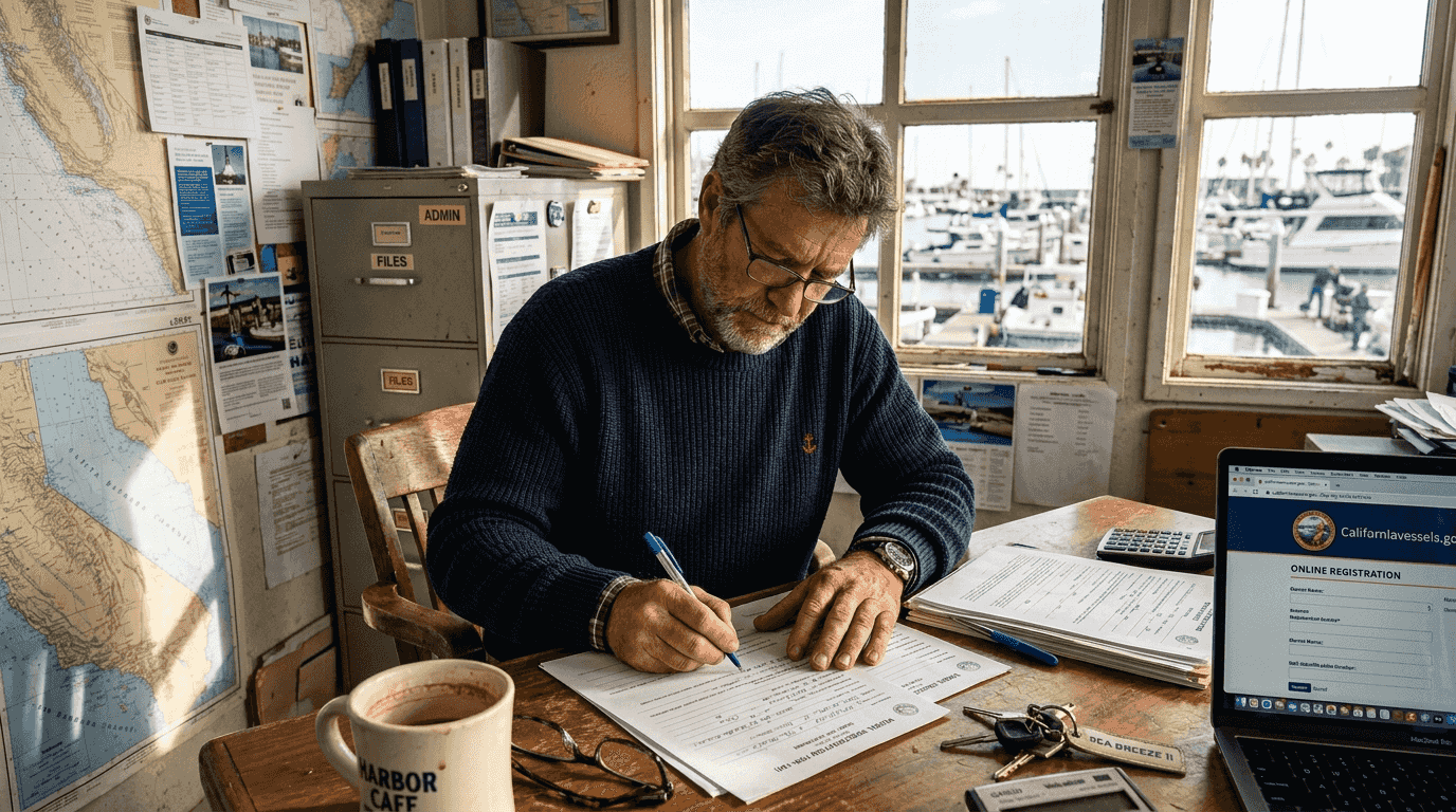 Yacht owner completing vessel registration forms