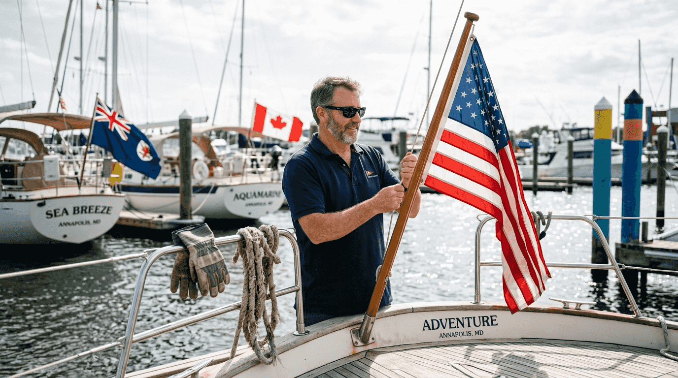 Yacht owner raising national flag at marina
