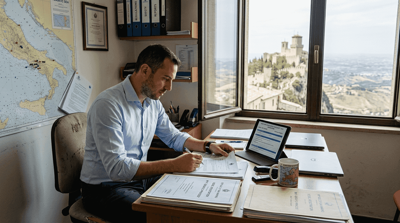 Maritime officer reviewing yacht compliance paperwork
