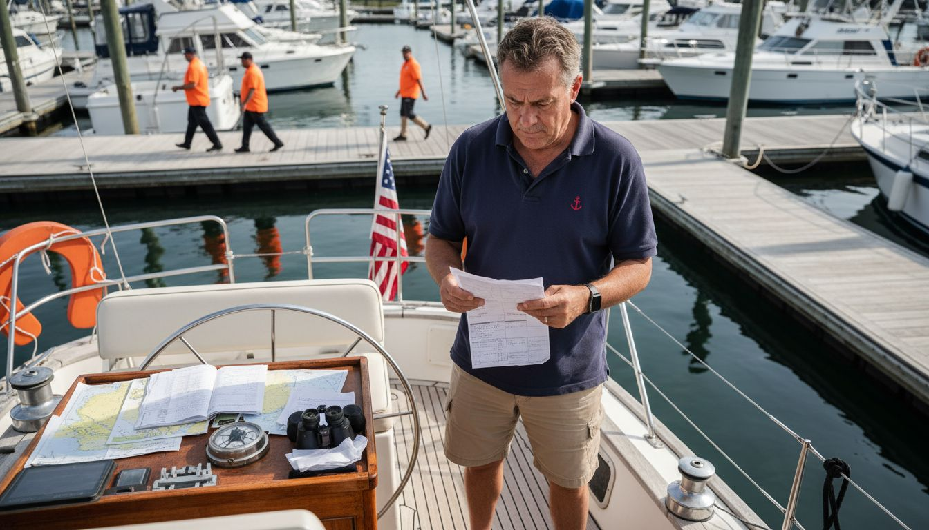 Yacht owner reviewing registration in harbor