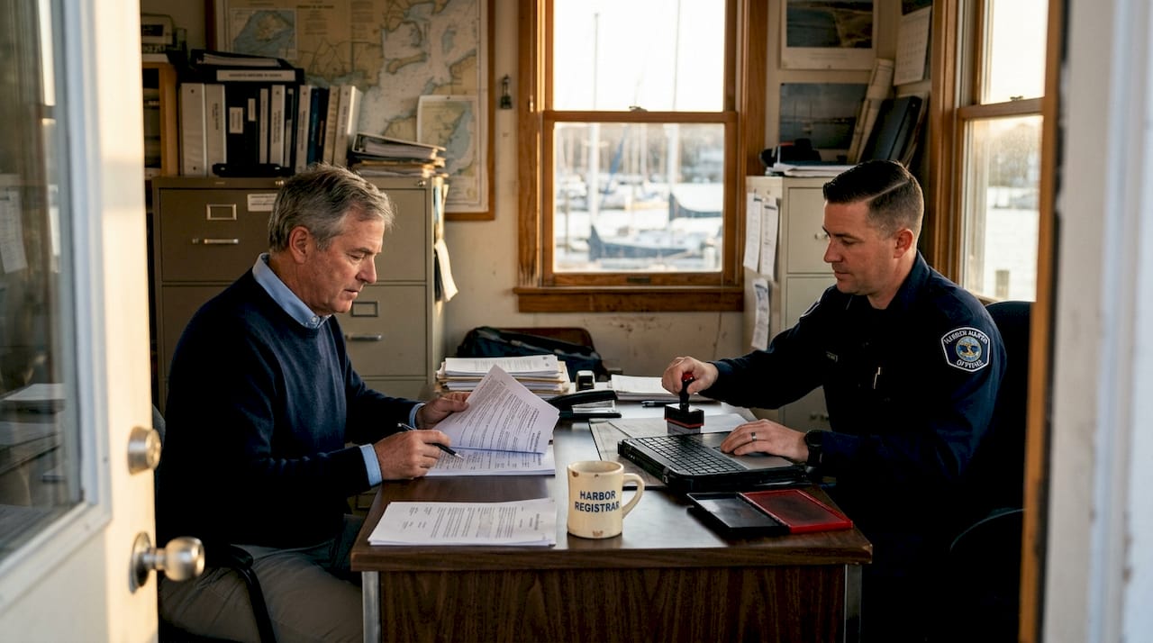 Yacht owner at registration office desk