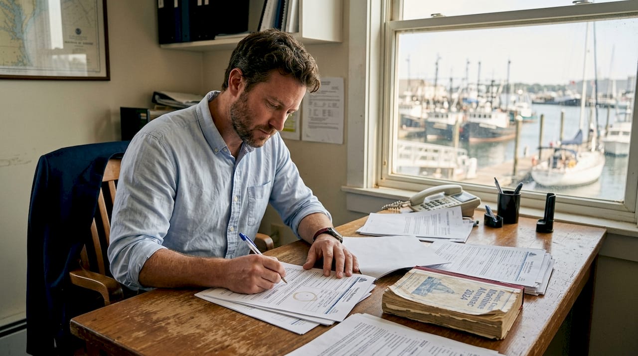 Businessman preparing vessel registration forms in harbor office