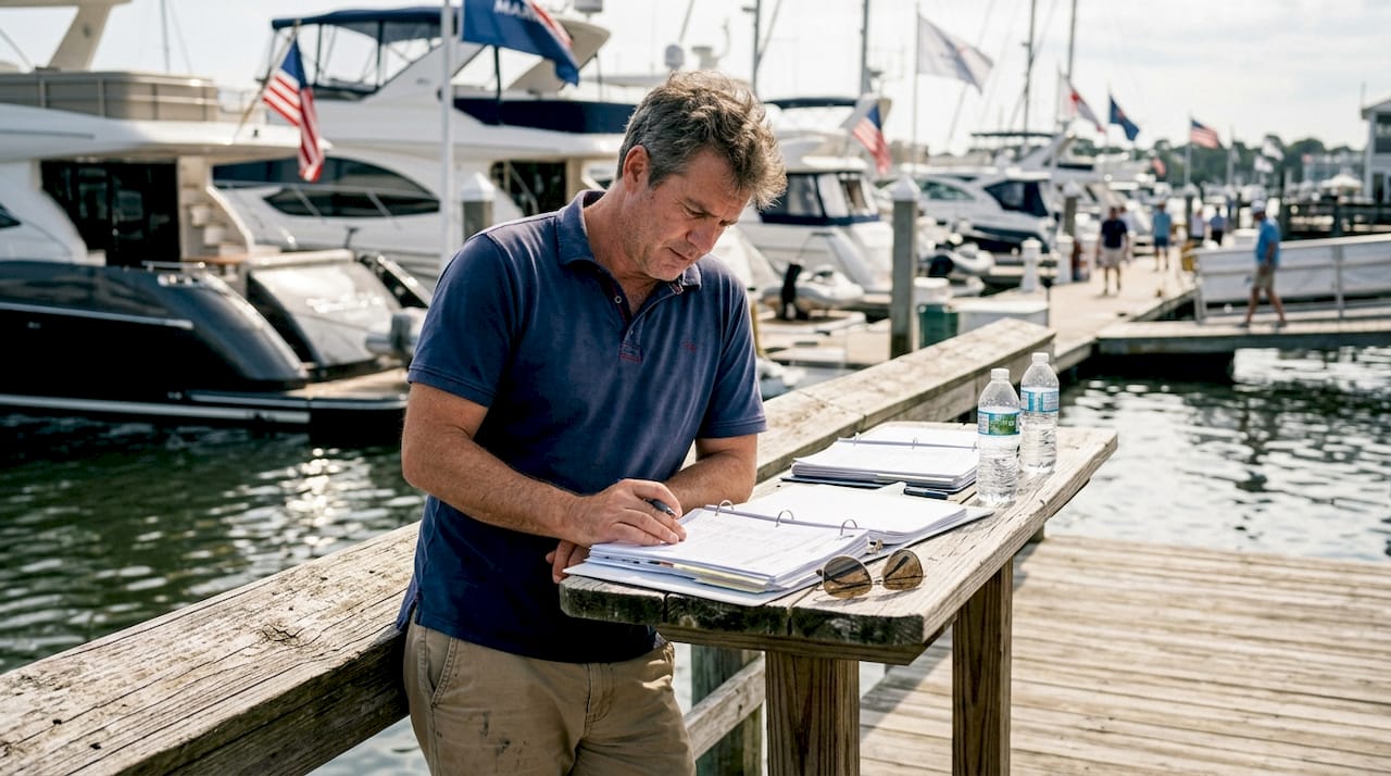 Yacht broker reviewing registration paperwork at marina
