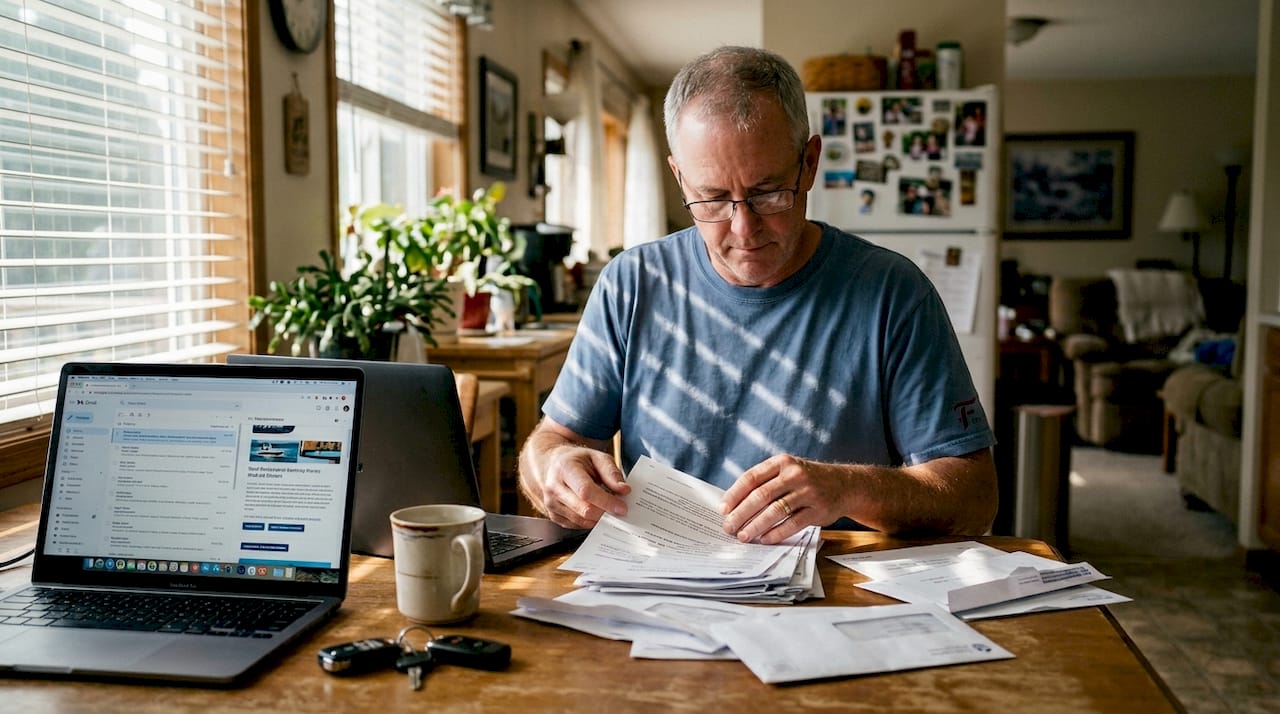 Boat owner reviewing registration paperwork at home