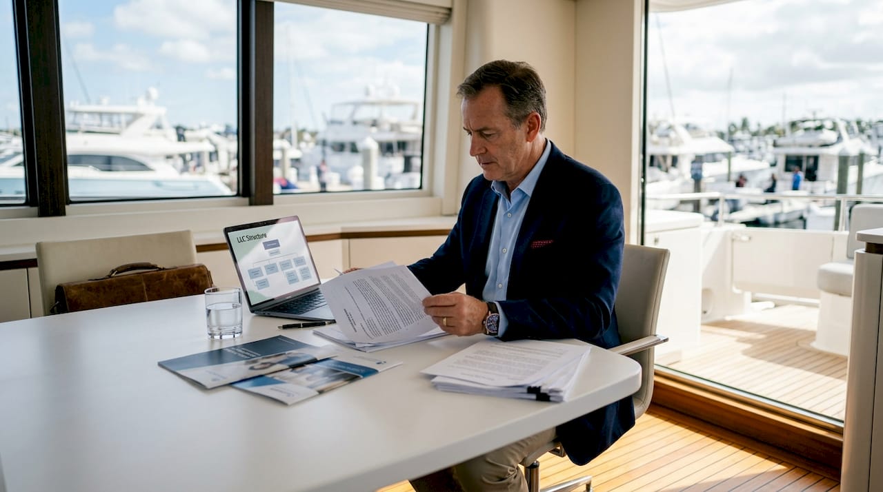 Executive reviewing yacht ownership legal papers