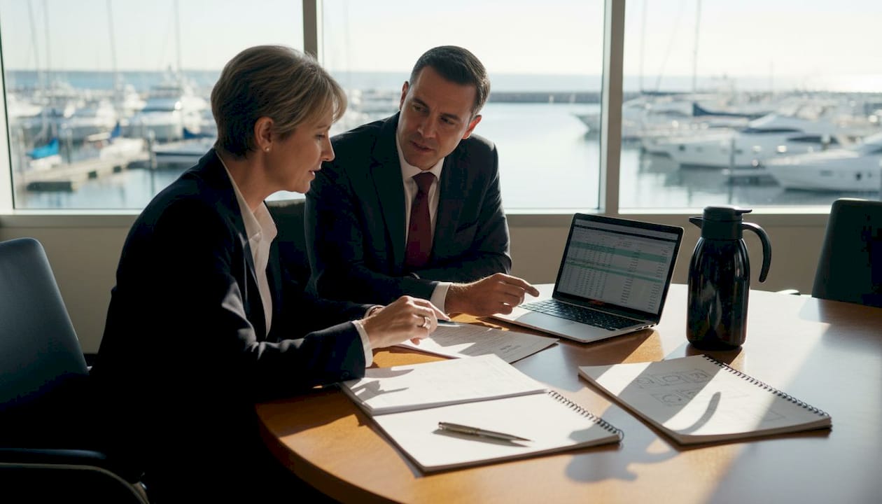 Executives meeting about yacht registration documents