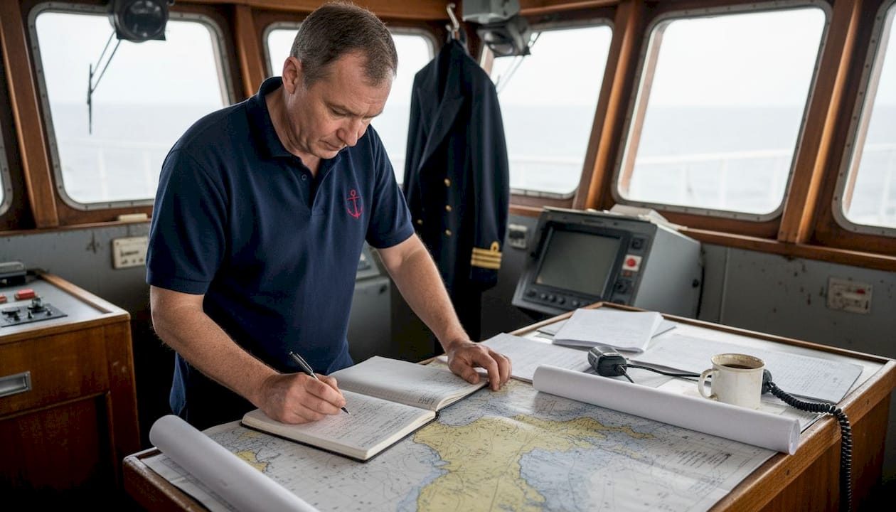 Captain updating ship's radio log in bridge