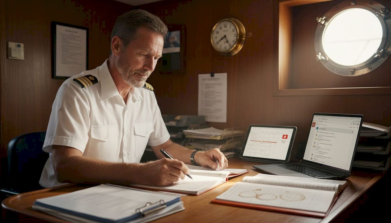 Yacht captain reviewing compliance paperwork onboard