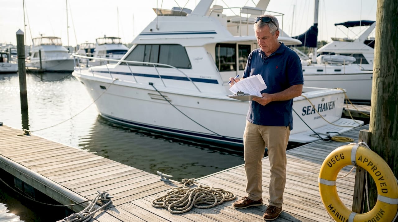 Yacht owner reviewing compliance documents dockside