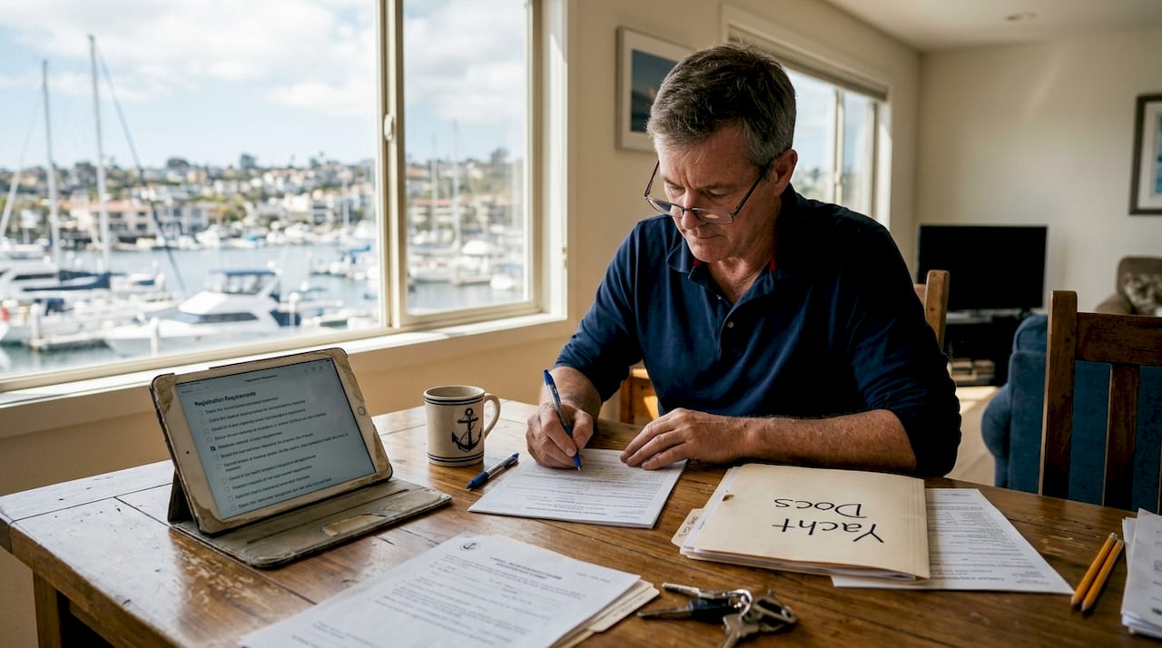 Yacht owner filling out vessel registration forms