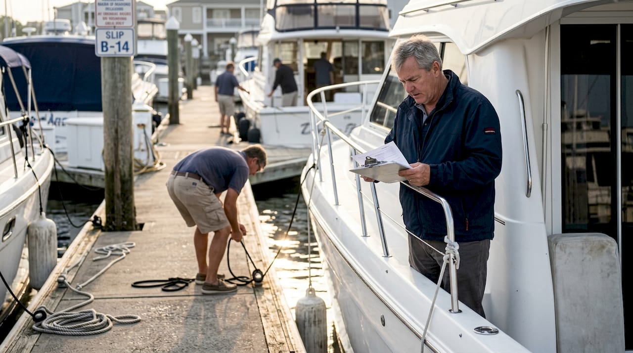 Yacht owner reviewing paperwork dockside