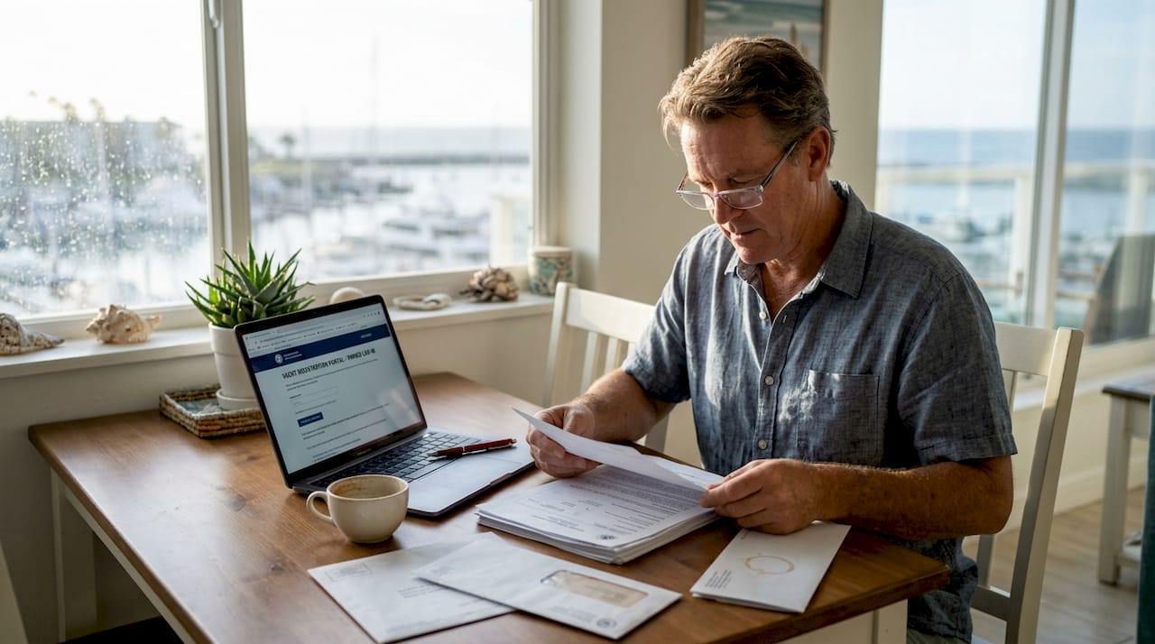 Yacht owner reviewing registration compliance paperwork