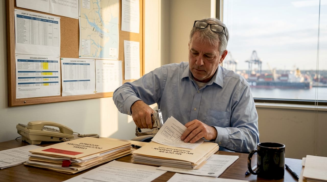 Maritime administrator preparing vessel paperwork