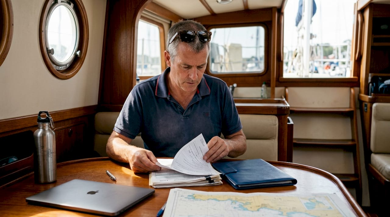 Yacht owner reviewing registration documents