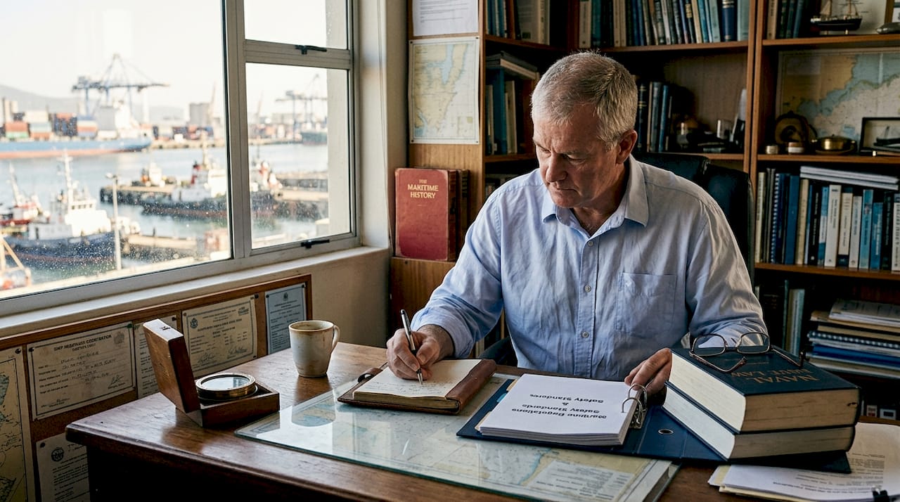 Consultant reviewing yacht regulations and logbook