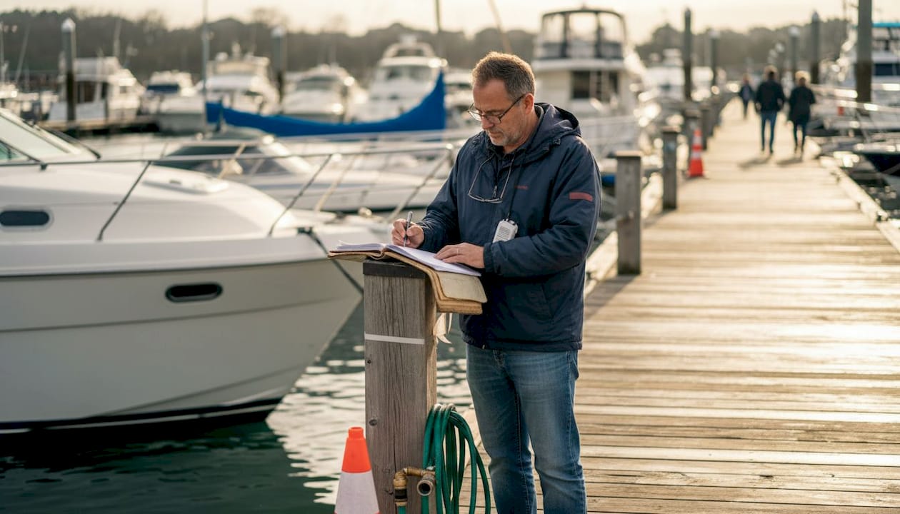 Technician logging yacht radio details at marina
