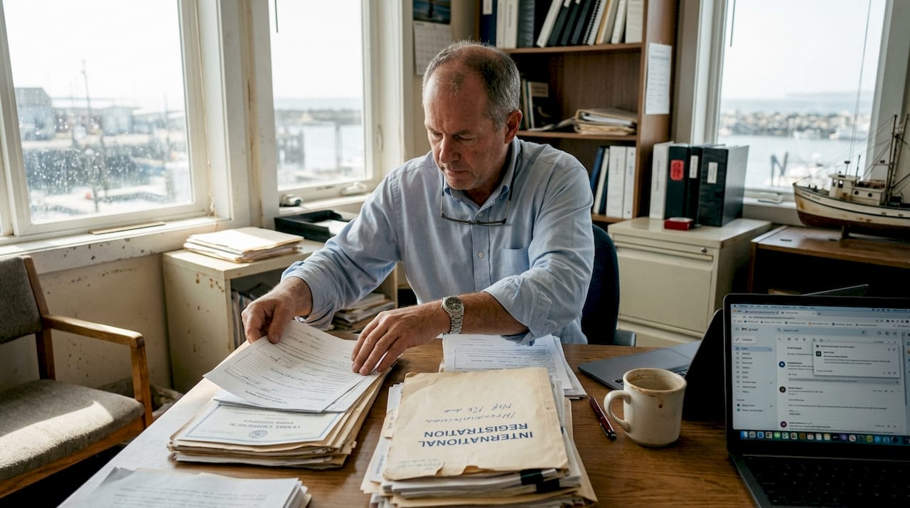Administrator sorting international boat registration forms