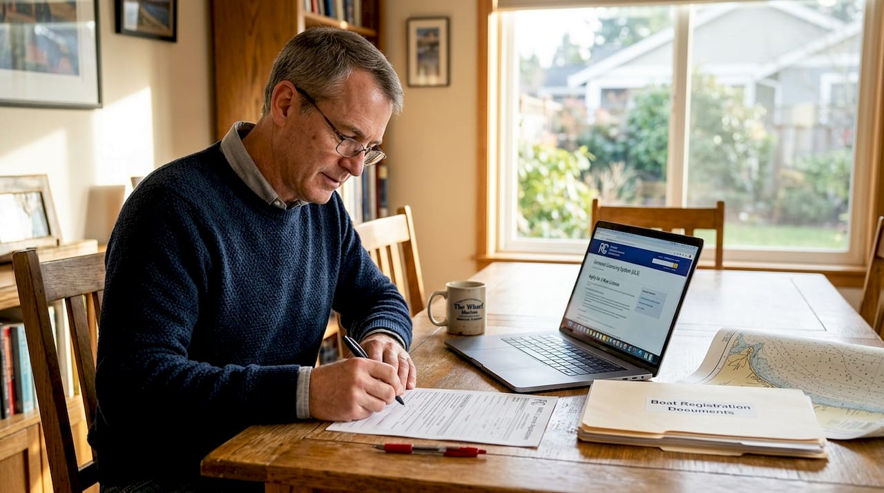 Yacht owner filling MMSI license paperwork at home