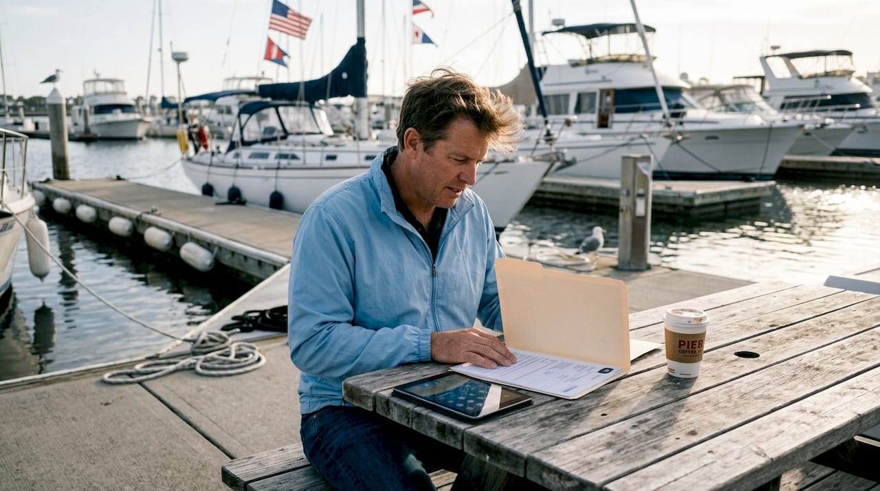 Yacht owner reviewing registration papers on marina