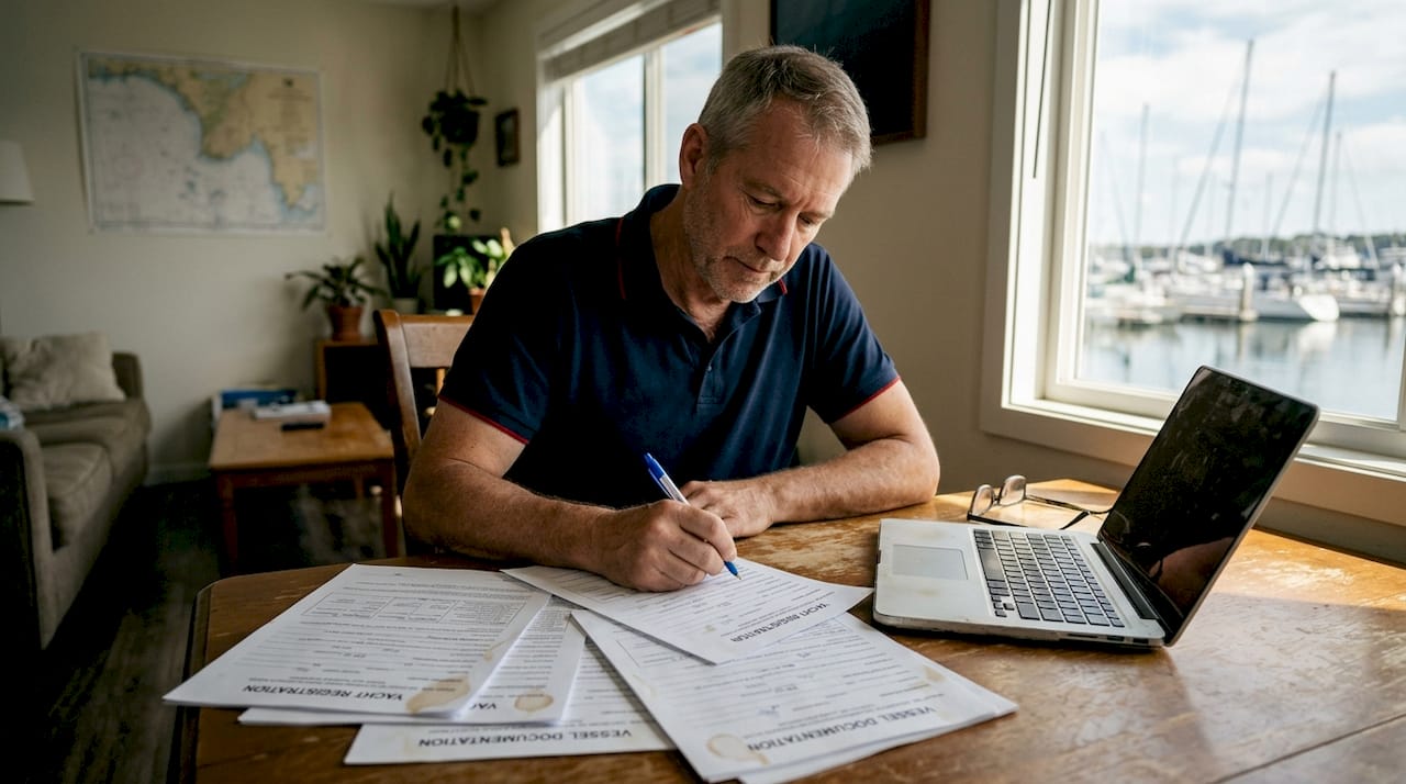 Man reviews yacht flag registration paperwork