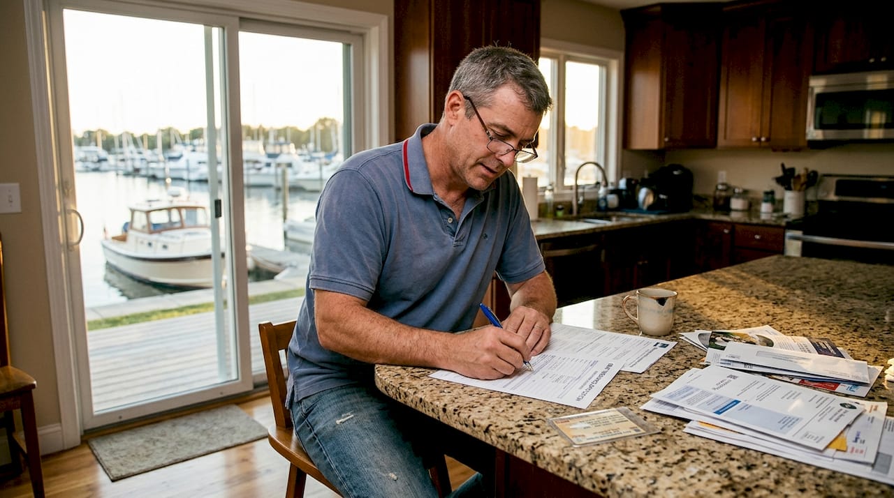 Owner completing boat insurance forms at kitchen island