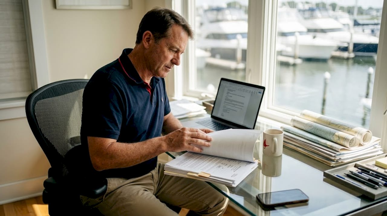 Yacht owner reviewing registration papers in home office