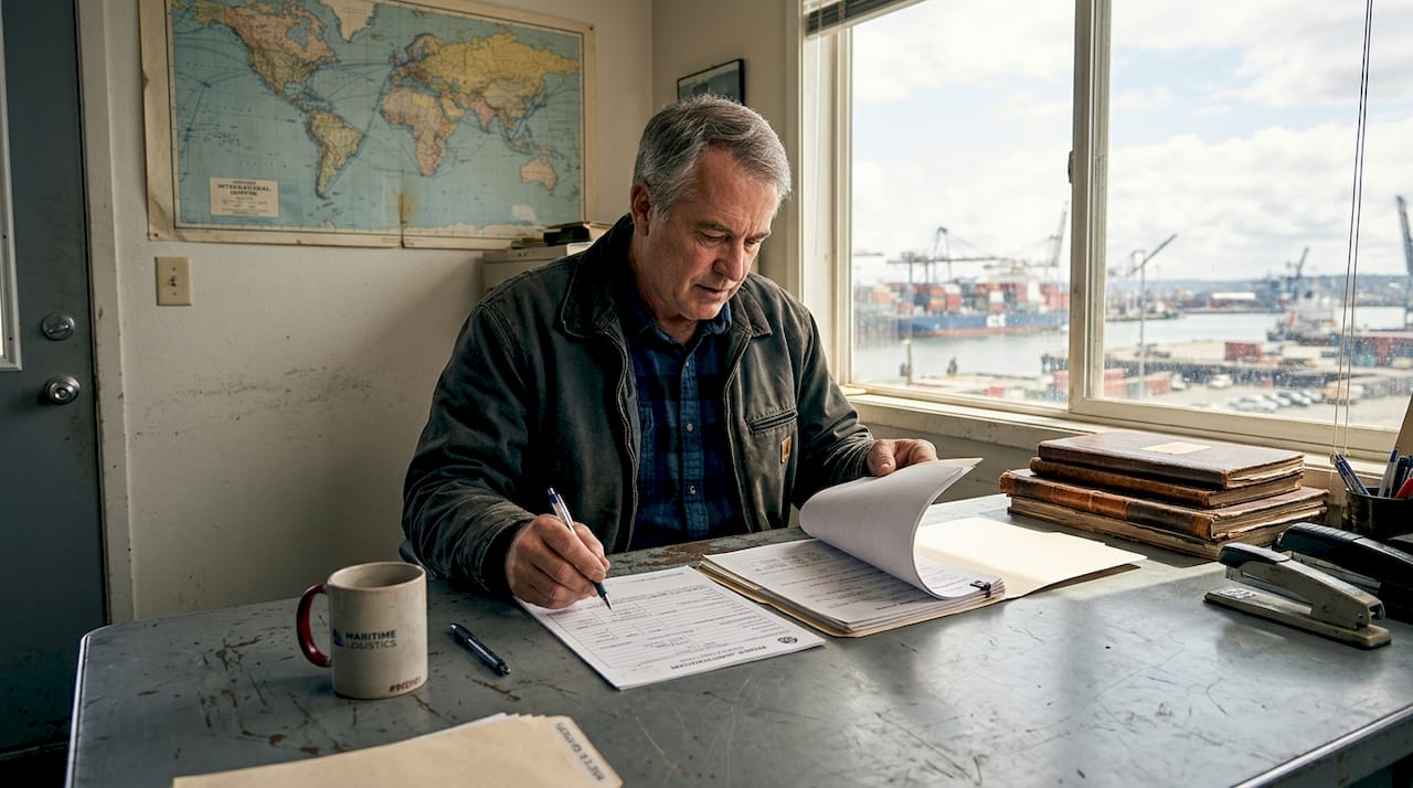 Manager reviewing ship registration documents in office