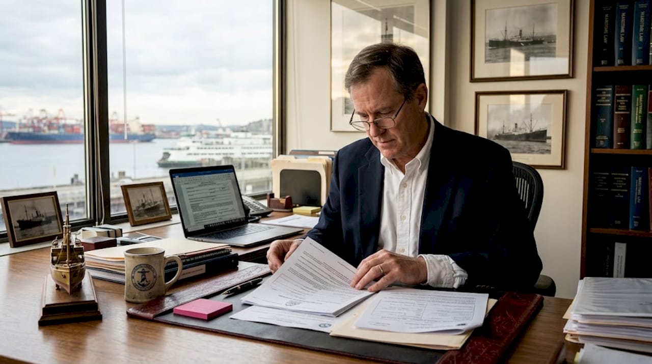 Attorney reviewing vessel corporate registration documents