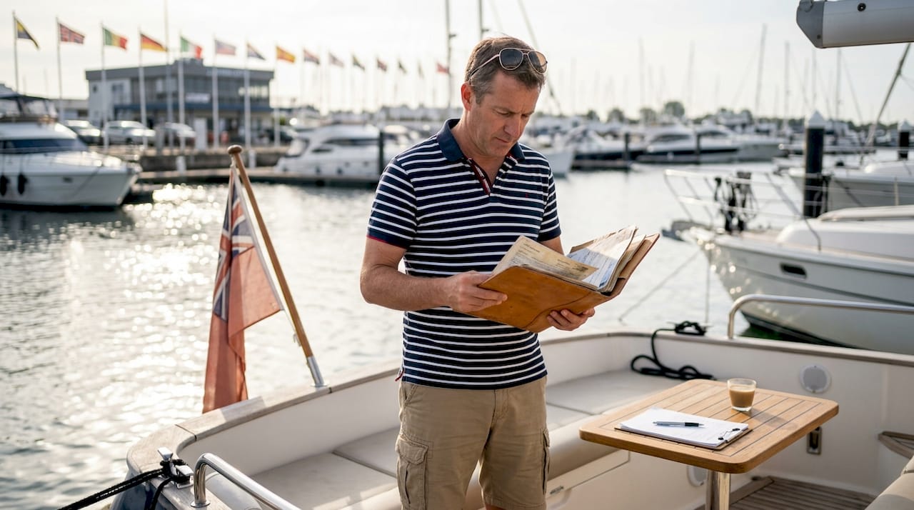 Yacht owner checks flag registration papers