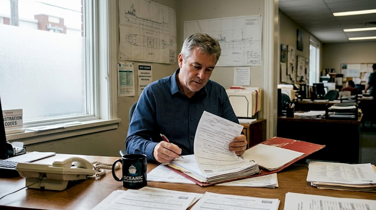 Maritime consultant reviewing vessel registration forms