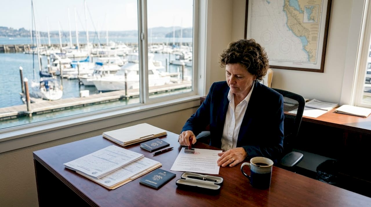 Administrator handling yacht registration paperwork