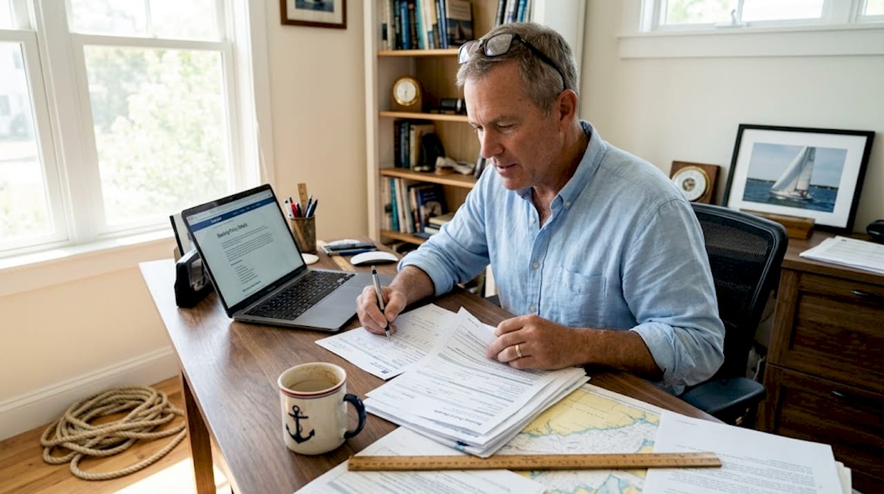 Boat owner reviewing vessel insurance documents