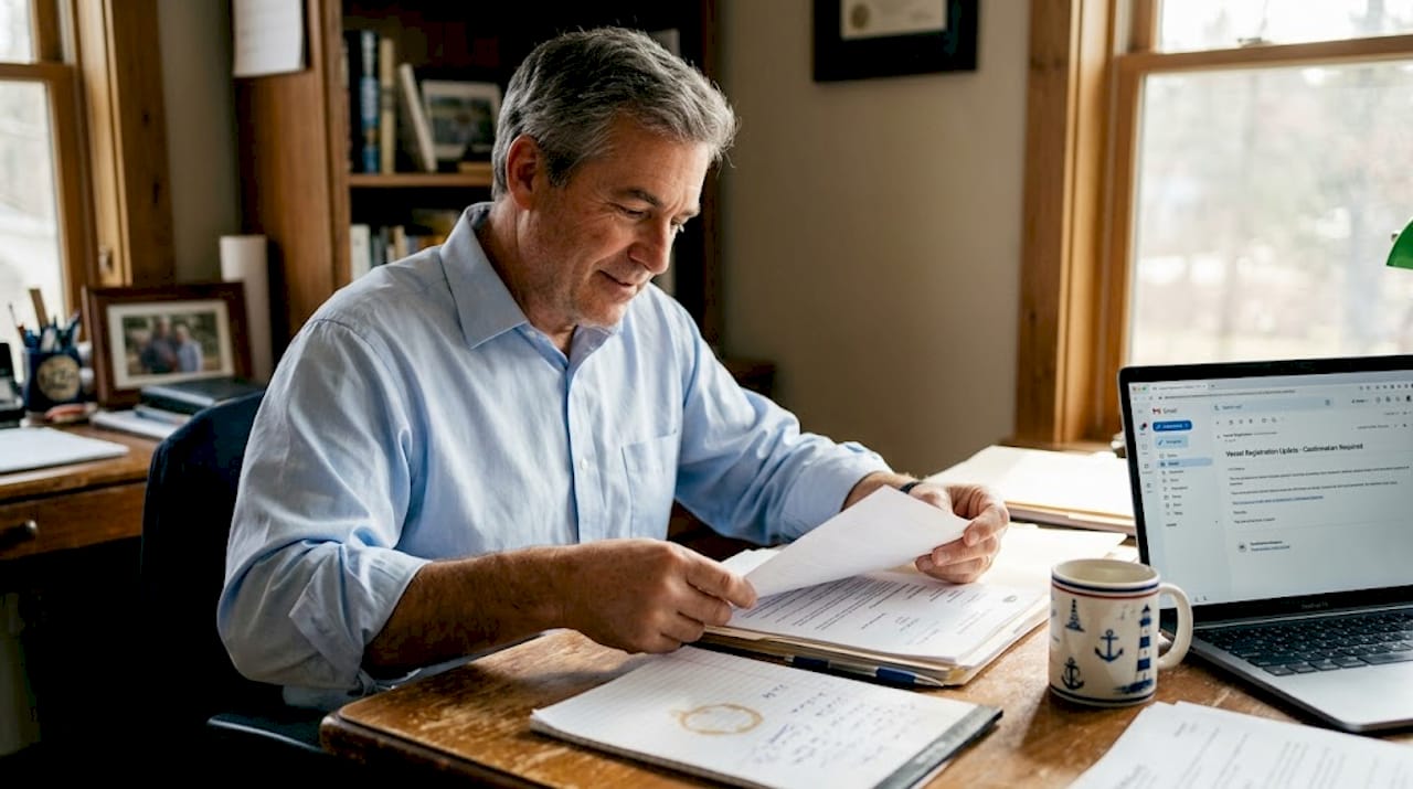 Yacht owner reviewing registration documents
