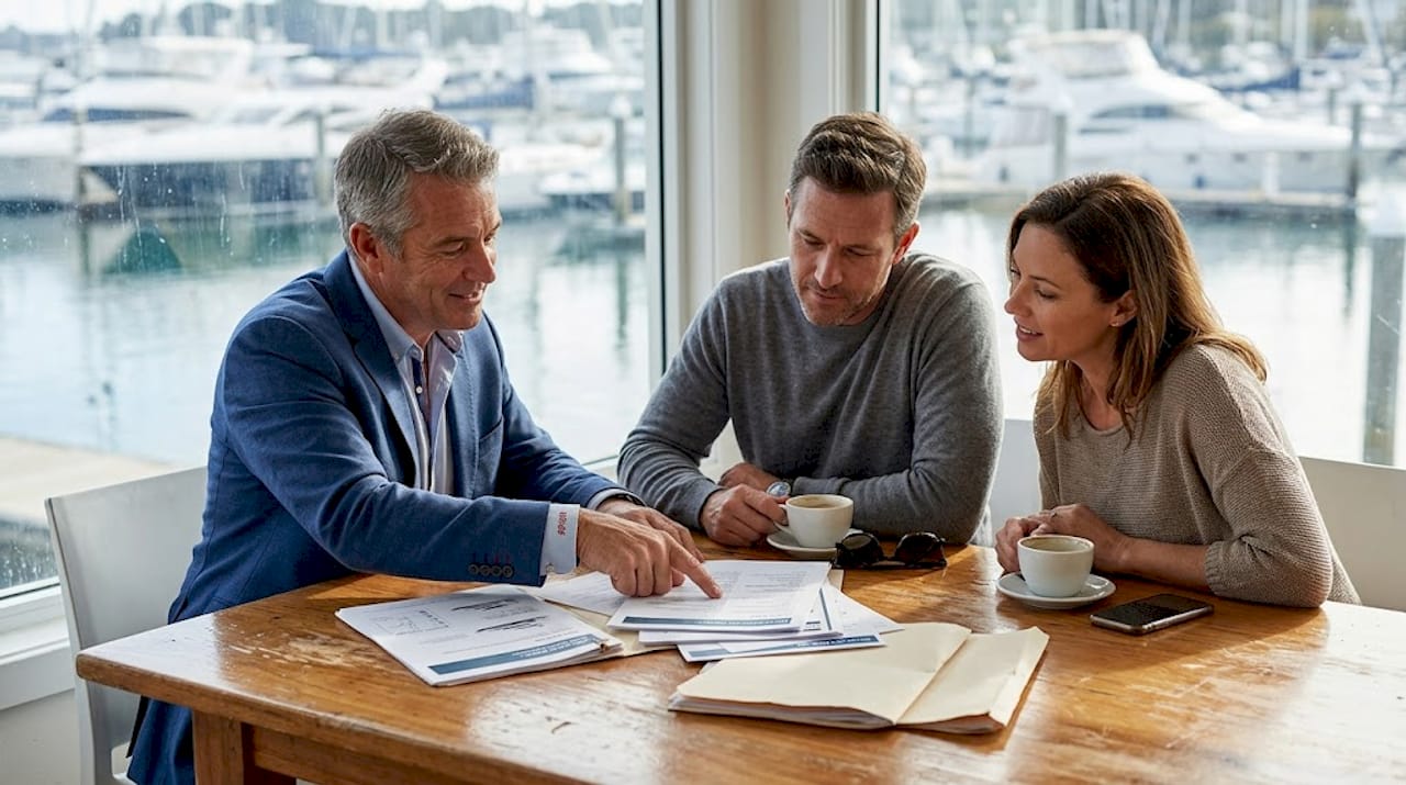 Yacht broker discussing deal with clients