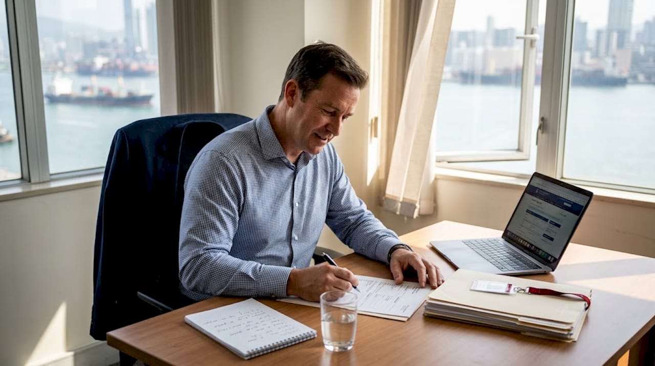 Broker reviewing registration documents in office