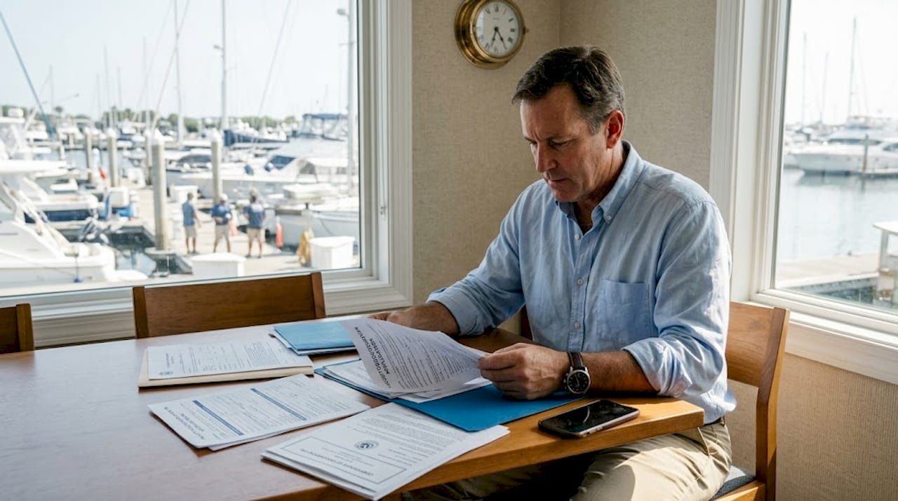 Yacht owner reviews legal registration paperwork
