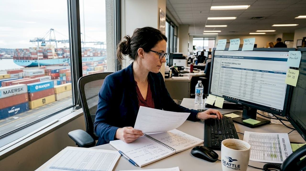 Compliance officer checking vessel registry documents