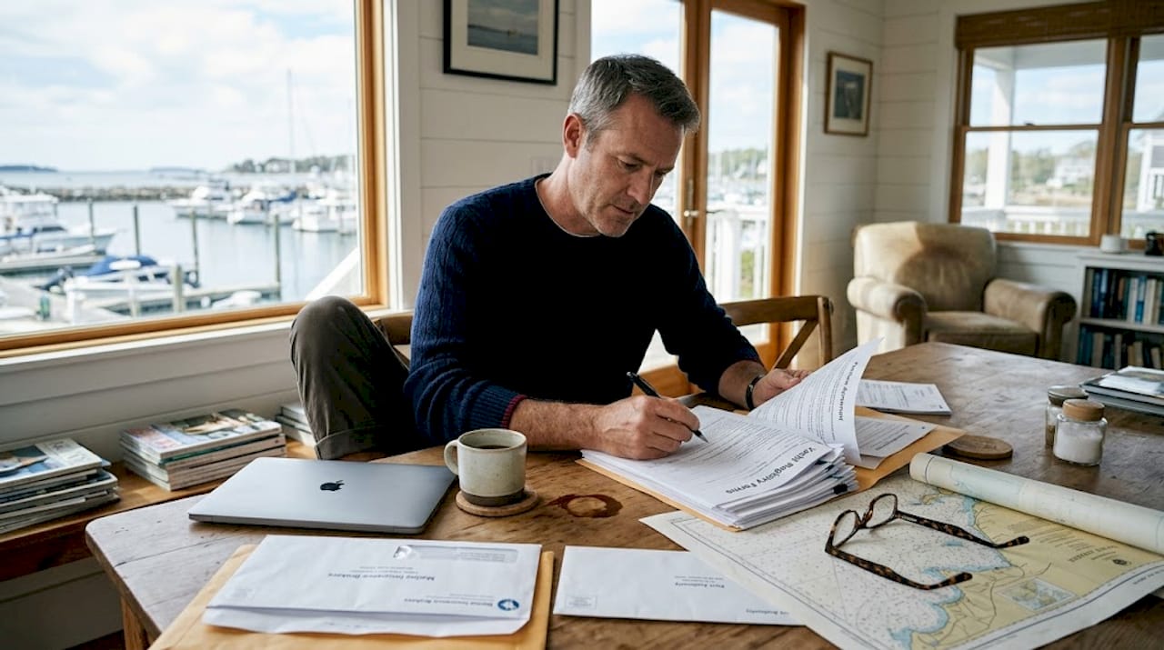 Yacht owner reviewing registration documents at home