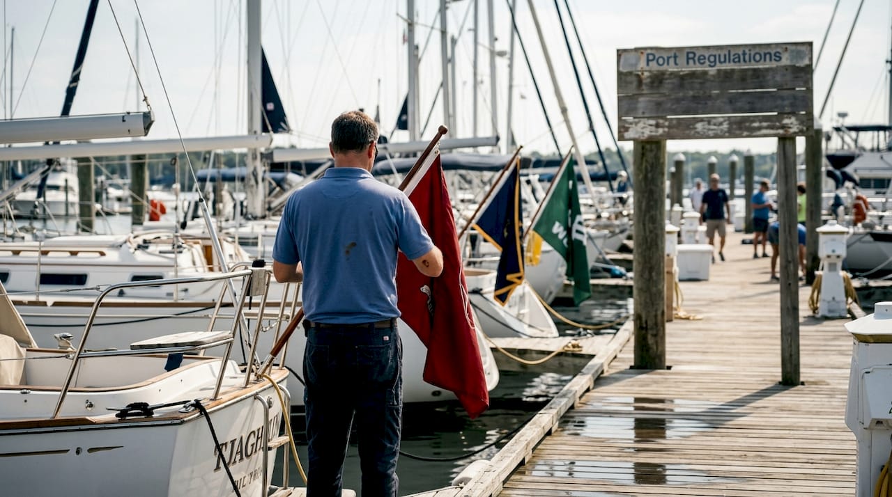 Marina worker attaching yacht vessel flag