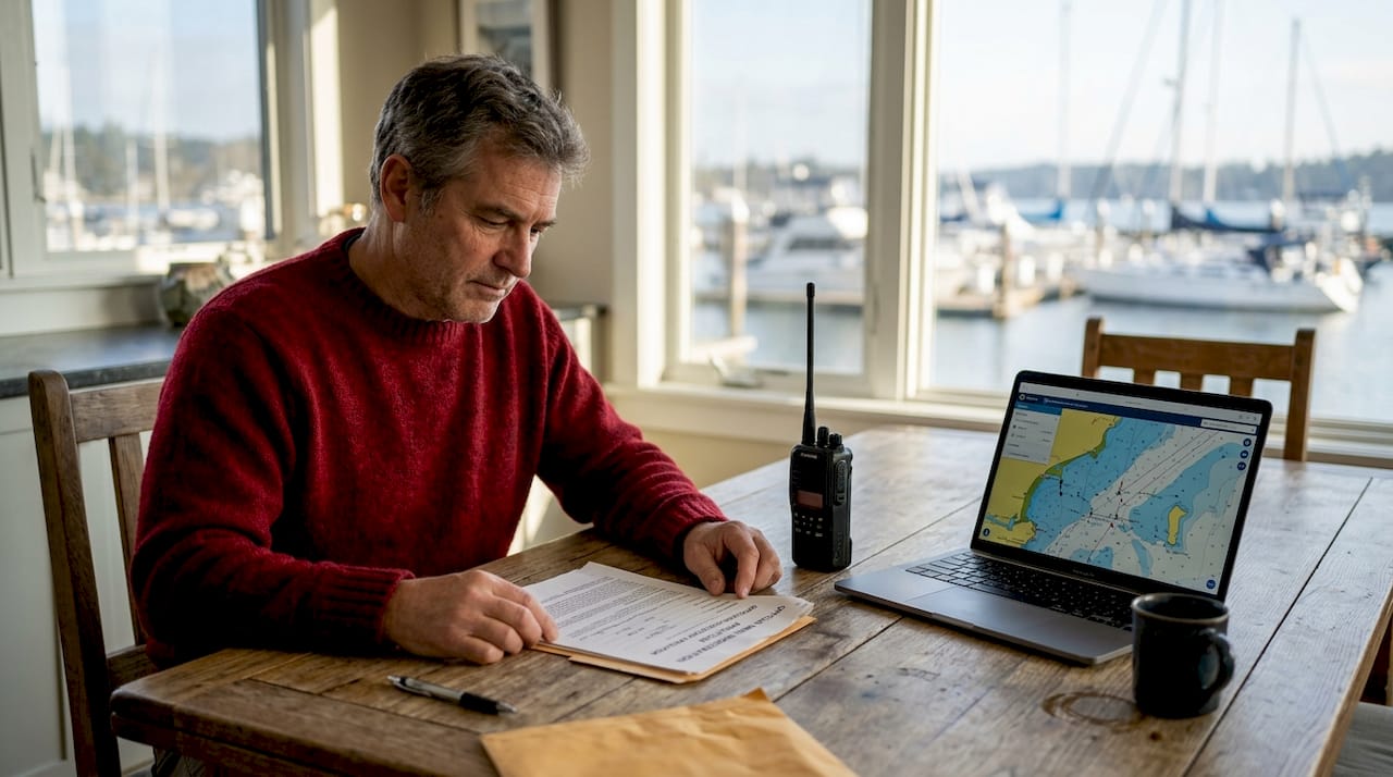 Vessel owner reviewing maritime radio paperwork