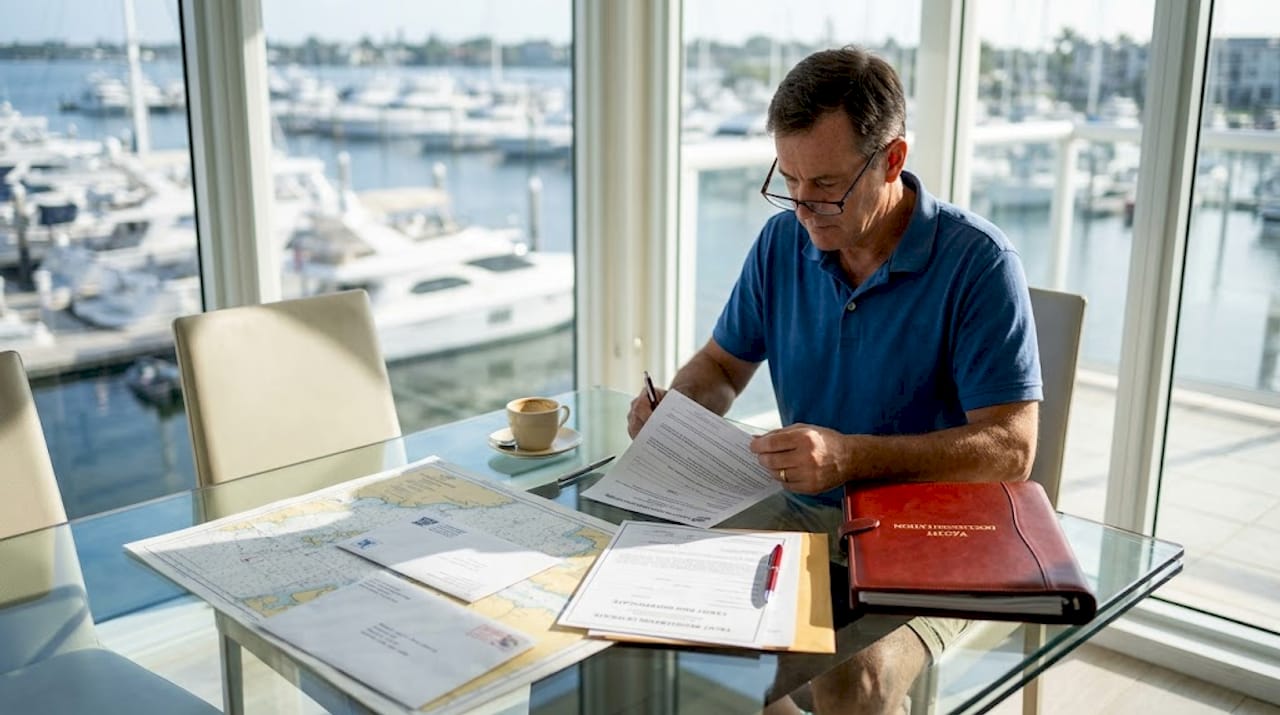 Yacht owner checking registration paperwork