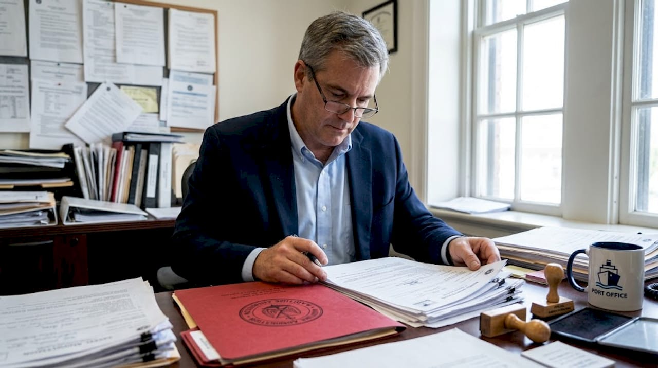 Maritime official reviewing vessel registration paperwork